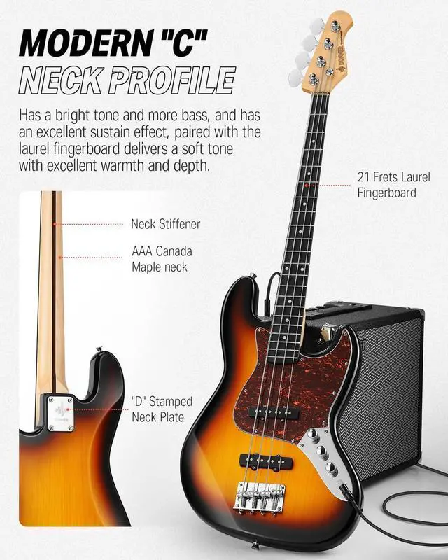 Alt view image 6 of 7 - Electric Bass Guitar 4 Strings Full-Size Standard Bass JB-Style Beginner Kit Sunburst for Starter with Free Online Lesson Gig Bag Guitar Strap and Guitar Cable, DJB-510