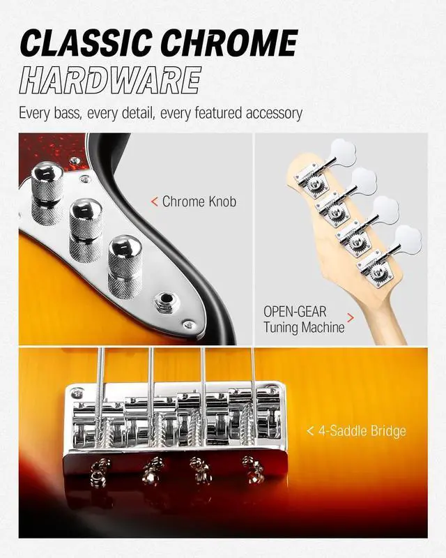 Alt view image 4 of 7 - Electric Bass Guitar 4 Strings Full-Size Standard Bass JB-Style Beginner Kit Sunburst for Starter with Free Online Lesson Gig Bag Guitar Strap and Guitar Cable, DJB-510