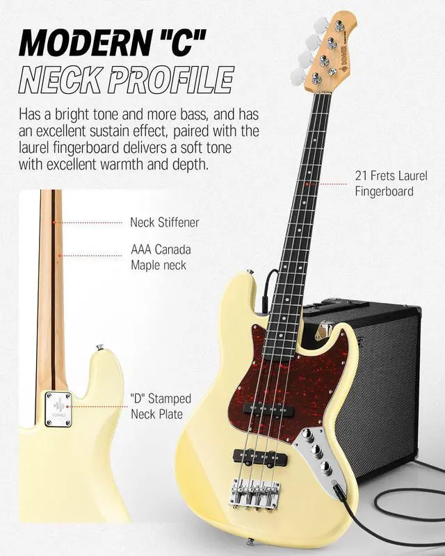 Alt view image 7 of 7 - Electric Bass Guitar 4 Strings Full-Size Standard Bass JB-Style Beginner Kit White for Starter with Free Online Lesson Gig Bag Guitar Strap and Guitar Cable, DJB-510