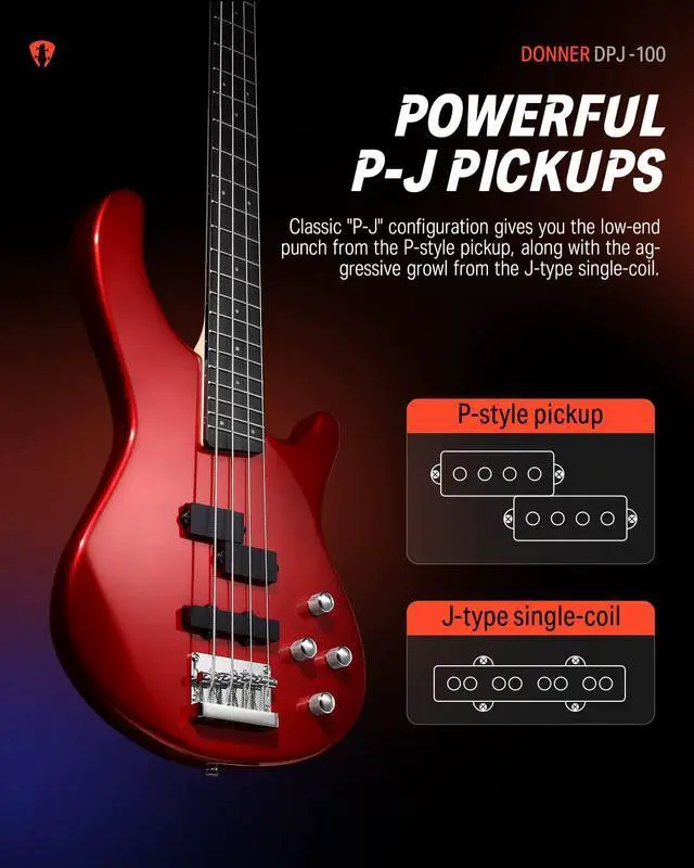 Alt view image 2 of 7 - Electric Bass Guitar 4 Strings Full-Size Standard Bass PJ-Style Electric Bass for Adults with Free Online Lesson,Gig Bag Guitar Strap and Guitar Cable Included, DPJ-100, Red