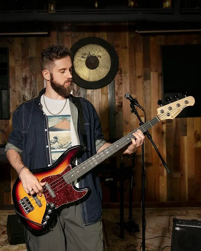 Alt view image 7 of 7 - Electric Bass Guitar 4 Strings Full-Size Standard Bass JB-Style Beginner Kit Sunburst for Starter with Free Online Lesson Gig Bag Guitar Strap and Guitar Cable, DJB-510