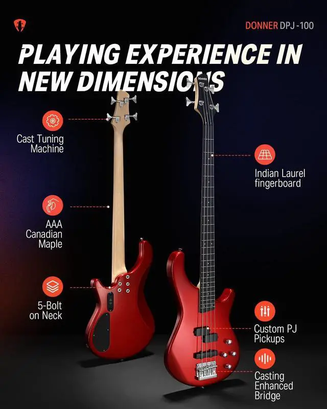 Alt view image 4 of 7 - Electric Bass Guitar 4 Strings Full-Size Standard Bass PJ-Style Electric Bass for Adults with Free Online Lesson,Gig Bag Guitar Strap and Guitar Cable Included, DPJ-100, Red