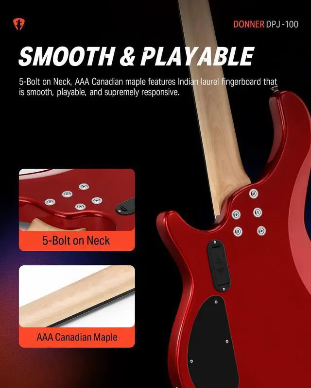 Alt view image 5 of 7 - Electric Bass Guitar 4 Strings Full-Size Standard Bass PJ-Style Electric Bass for Adults with Free Online Lesson,Gig Bag Guitar Strap and Guitar Cable Included, DPJ-100, Red