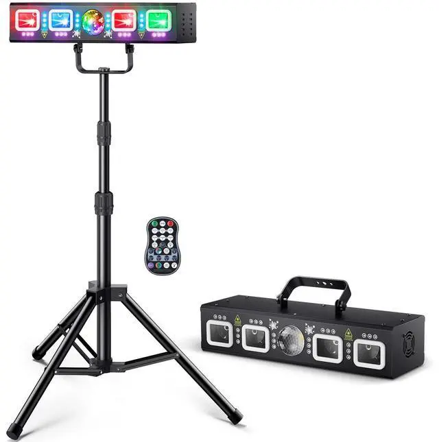 Main image of 6-in-1 DJ Light with Stand, RGBW Disco Lights, Strobes, Laser Light | Disco Ball Lights, Wide Laser Beams, RGBW+UV Strobes, DMX512, Remote and Music Sync for Parties, DJ Gig and Stage Laser Show