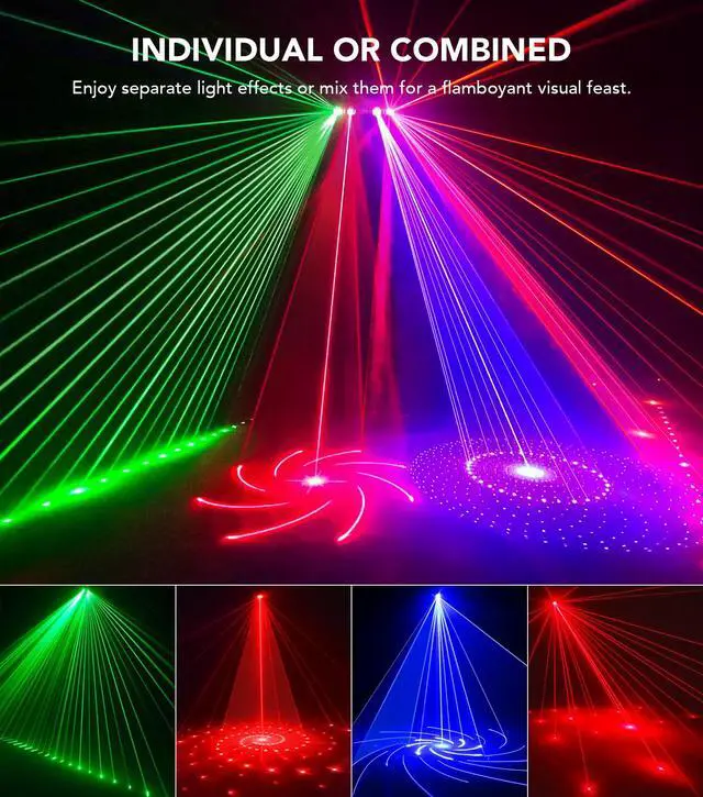 Alt view image 2 of 7 - 6-in-1 DJ Light with Stand, RGBW Disco Lights, Strobes, Laser Light | Disco Ball Lights, Wide Laser Beams, RGBW+UV Strobes, DMX512, Remote and Music Sync for Parties, DJ Gig and Stage Laser Show
