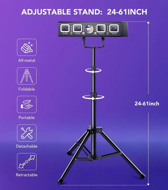 Alt view image 7 of 7 - 6-in-1 DJ Light with Stand, RGBW Disco Lights, Strobes, Laser Light | Disco Ball Lights, Wide Laser Beams, RGBW+UV Strobes, DMX512, Remote and Music Sync for Parties, DJ Gig and Stage Laser Show