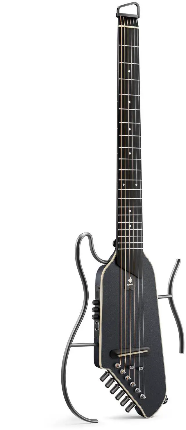 Main image of HUSH I EVO2 Acoustic Electric Travel Guitar Portable Headless Quiet Practice Guitar, Ultra-Light, Mahogany Body with Built-in Tuner, Detachable Stands & Headphone Jack - Black