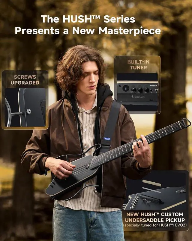 Alt view image 2 of 7 - HUSH I EVO2 Acoustic Electric Travel Guitar Portable Headless Quiet Practice Guitar, Ultra-Light, Mahogany Body with Built-in Tuner, Detachable Stands & Headphone Jack - Black
