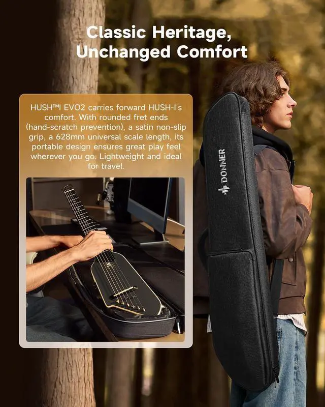 Alt view image 3 of 7 - HUSH I EVO2 Acoustic Electric Travel Guitar Portable Headless Quiet Practice Guitar, Ultra-Light, Mahogany Body with Built-in Tuner, Detachable Stands & Headphone Jack - Black
