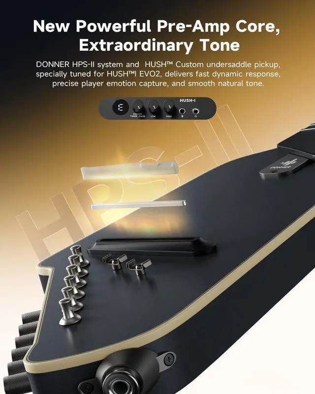 Alt view image 4 of 7 - HUSH I EVO2 Acoustic Electric Travel Guitar Portable Headless Quiet Practice Guitar, Ultra-Light, Mahogany Body with Built-in Tuner, Detachable Stands & Headphone Jack - Black