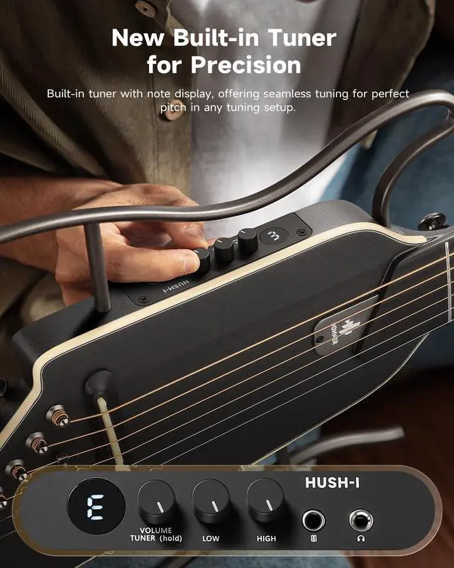 Alt view image 5 of 7 - HUSH I EVO2 Acoustic Electric Travel Guitar Portable Headless Quiet Practice Guitar, Ultra-Light, Mahogany Body with Built-in Tuner, Detachable Stands & Headphone Jack - Black