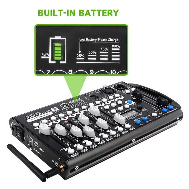 Alt view image 2 of 7 - Battery DMX Controller Wireless with MIDI, DMX Board 512 Light Controller for Dj Lights, Dmx512 Lighting Console 192ch with Built-in Battery for Control Stage Light