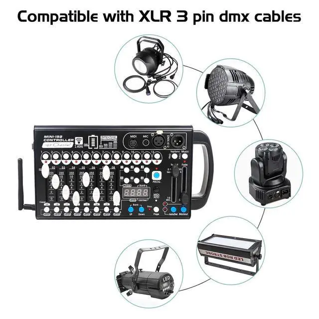 Alt view image 4 of 7 - Battery DMX Controller Wireless with MIDI, DMX Board 512 Light Controller for Dj Lights, Dmx512 Lighting Console 192ch with Built-in Battery for Control Stage Light