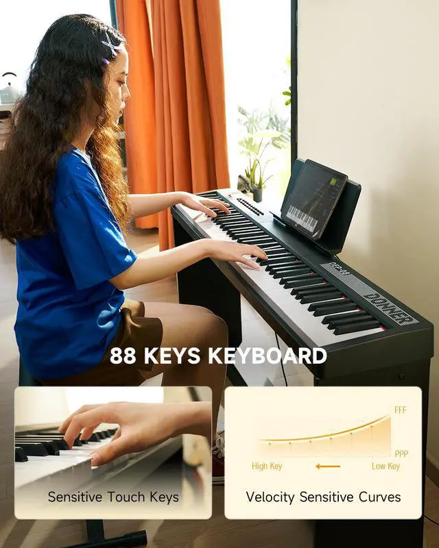 Alt view image 4 of 7 - Digital Piano Keyboard Velocity-Sensitive 88 Keys with Removable Piano Stand, Compact Beginner Home Electric Piano with Split Mode, LED Digital Tube for Display, and Triple Pedal DEP-08
