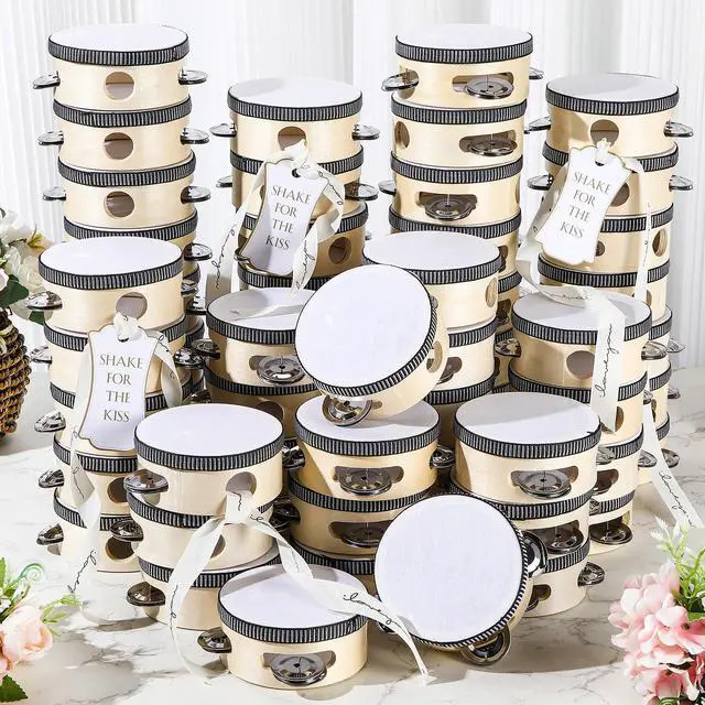 Alt view image 2 of 7 - 60 Set 4 Inch Wedding Tambourines Bulk for Adults Wooden Hand Held Drum with Metal Jingles, Gift Tags, White Tambourine Gift Musical Instrument for Church Wedding Party Favor(60)