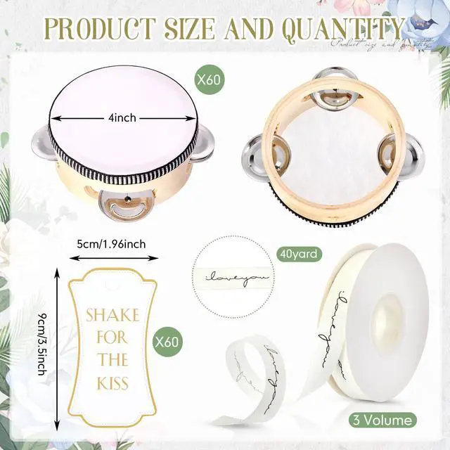 Alt view image 3 of 7 - 60 Set 4 Inch Wedding Tambourines Bulk for Adults Wooden Hand Held Drum with Metal Jingles, Gift Tags, White Tambourine Gift Musical Instrument for Church Wedding Party Favor(60)