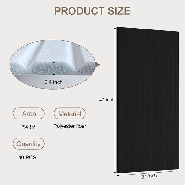 Alt view image 3 of 7 - 10Pack Large Acoustic Panels, 48x24x0.38 inch Sound Proof Panels for Walls, Self-Adhesive Sound Dampening Wall Panels, Noise Absorbing Decorative Wall Panels, Wall Noise Blocker for Home (Black)