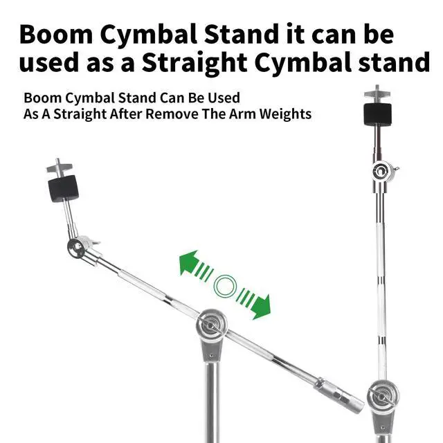 Alt view image 2 of 7 - 2 Pack Boom Cymbal Stand + Drum Sticks Holder + 2 Pair of 5A Drum Sticks | Adjustable Cymbal Stand With Counterweight Adapter for Heavy Duty Mounting Crash, Ride, Splash Cymbals, Double Braced Legs