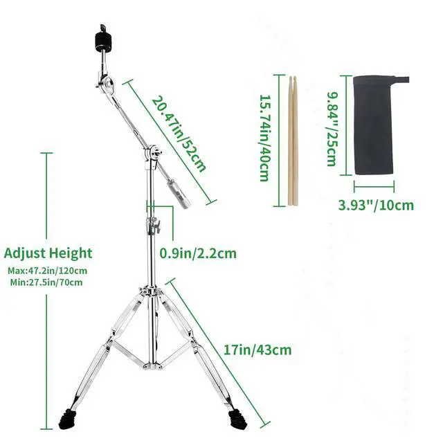 Alt view image 3 of 7 - 2 Pack Boom Cymbal Stand + Drum Sticks Holder + 2 Pair of 5A Drum Sticks | Adjustable Cymbal Stand With Counterweight Adapter for Heavy Duty Mounting Crash, Ride, Splash Cymbals, Double Braced Legs