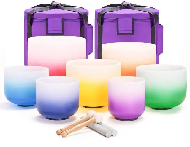 Main image of 432HZ 6-12 Inch Set of 7 Aria Gradient Design Crystal Singing Bowls | Frosted Quartz Singing Bowls with 2 PCS Carry Case Bag for Sound Healing Yoga and Meditation