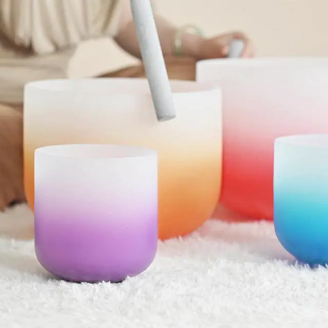 Alt view image 3 of 6 - 432HZ 6-12 Inch Set of 7 Aria Gradient Design Crystal Singing Bowls | Frosted Quartz Singing Bowls with 2 PCS Carry Case Bag for Sound Healing Yoga and Meditation