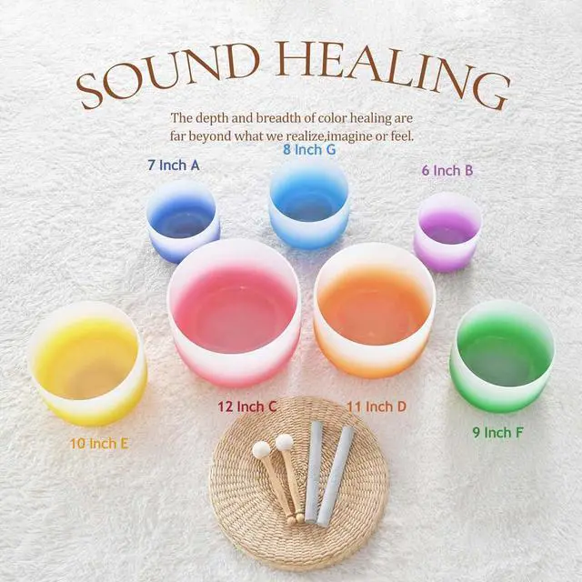 Alt view image 5 of 6 - 432HZ 6-12 Inch Set of 7 Aria Gradient Design Crystal Singing Bowls | Frosted Quartz Singing Bowls with 2 PCS Carry Case Bag for Sound Healing Yoga and Meditation