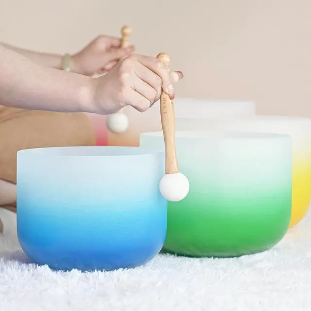 Alt view image 4 of 6 - 432HZ 6-12 Inch Set of 7 Aria Gradient Design Crystal Singing Bowls | Frosted Quartz Singing Bowls with 2 PCS Carry Case Bag for Sound Healing Yoga and Meditation