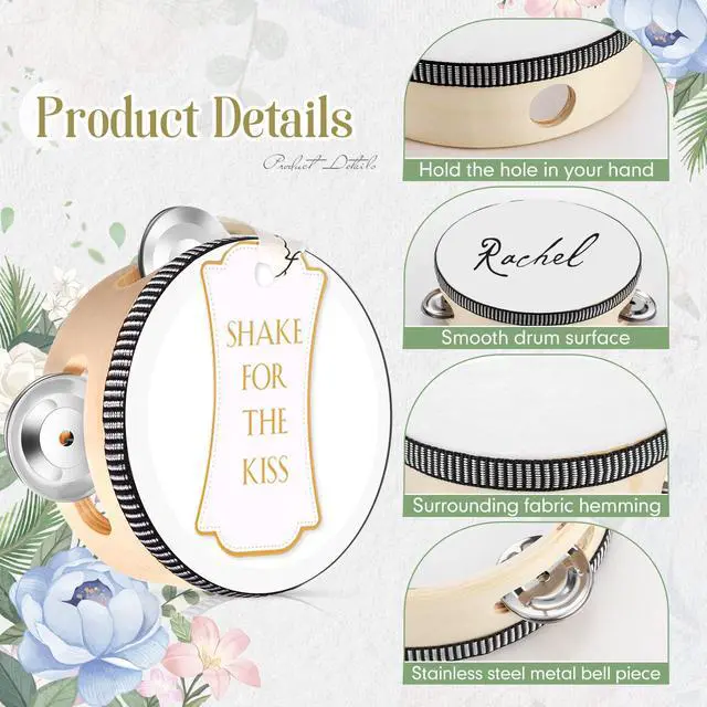 Alt view image 5 of 7 - 60 Set 4 Inch Wedding Tambourines Bulk for Adults Wooden Hand Held Drum with Metal Jingles, Gift Tags, White Tambourine Gift Musical Instrument for Church Wedding Party Favor(60)