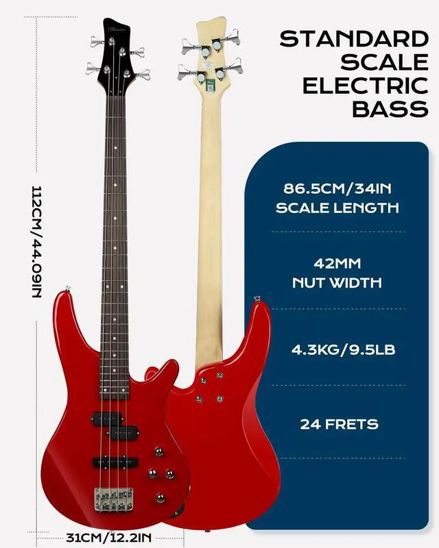 Alt view image 2 of 7 - Electric Bass Guitar 4 Strings Full-Size Standard Bass PB-Style Beginner Kit Black for Starter with Gig Bag Guitar Strap and Guitar Cable(PJ-Red)