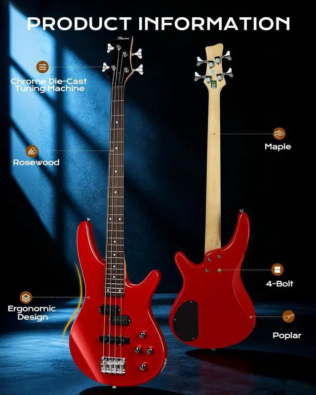Alt view image 6 of 7 - Electric Bass Guitar 4 Strings Full-Size Standard Bass PB-Style Beginner Kit Black for Starter with Gig Bag Guitar Strap and Guitar Cable(PJ-Red)