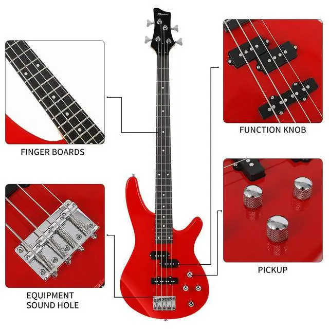 Alt view image 7 of 7 - Electric Bass Guitar 4 Strings Full-Size Standard Bass PB-Style Beginner Kit Black for Starter with Gig Bag Guitar Strap and Guitar Cable(PJ-Red)