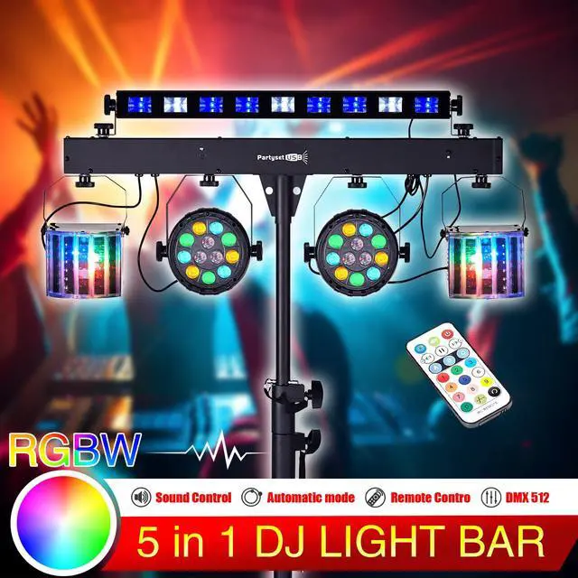 Alt view image 2 of 7 - DJ Lights with Stand, 5 in 1 Party Lights DJ Disco Light for Parties Indoor, Sound Activated Mobile Stage Lighting System with DMX& Remote Control, Disco Ball Stage LED Par Light with Bag for Bar Gig