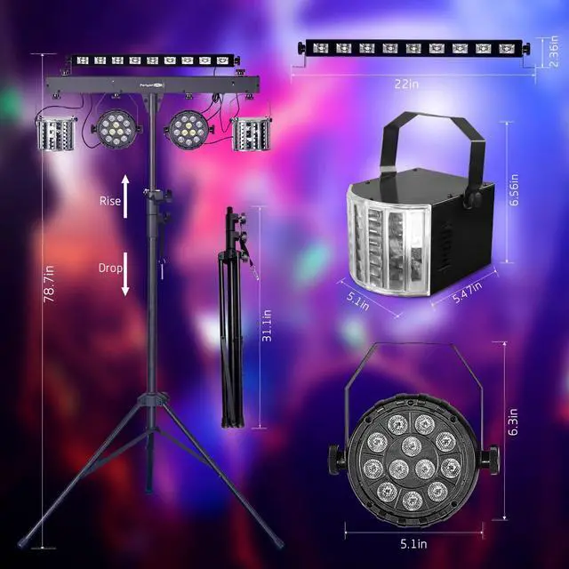 Alt view image 6 of 7 - DJ Lights with Stand, 5 in 1 Party Lights DJ Disco Light for Parties Indoor, Sound Activated Mobile Stage Lighting System with DMX& Remote Control, Disco Ball Stage LED Par Light with Bag for Bar Gig