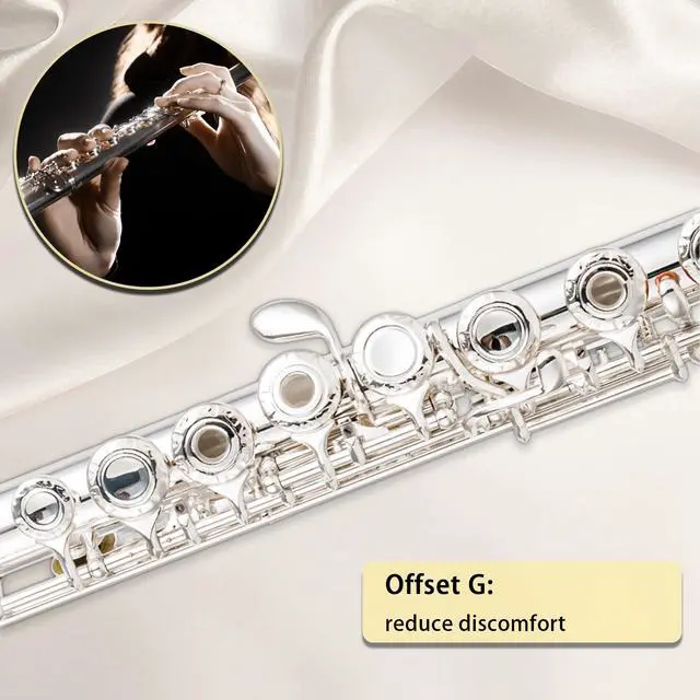 Alt view image 2 of 6 - Silver-Plated Carving B Foot Flute, 17 Open Hole Flauta with Offset G, Split E Mechanism, 17 Key Flute Instrument for Professional Performance
