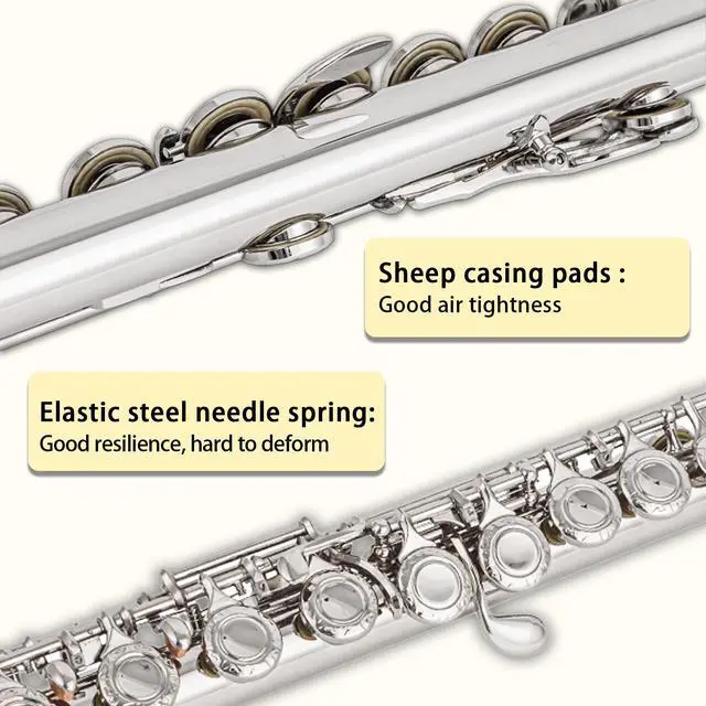 Alt view image 3 of 6 - Silver-Plated Carving B Foot Flute, 17 Open Hole Flauta with Offset G, Split E Mechanism, 17 Key Flute Instrument for Professional Performance