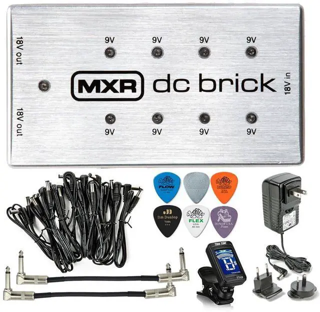 Main image of MXR M237 DC Brick Effects Pedal Power Supply 9Vx8 and 18Vx2 Outputs Instrument Cable, ECB009 Adapter, Tuner, Picks, Patch Cables Bundle