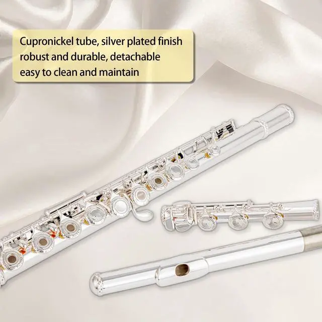 Alt view image 5 of 6 - Silver-Plated Carving B Foot Flute, 17 Open Hole Flauta with Offset G, Split E Mechanism, 17 Key Flute Instrument for Professional Performance