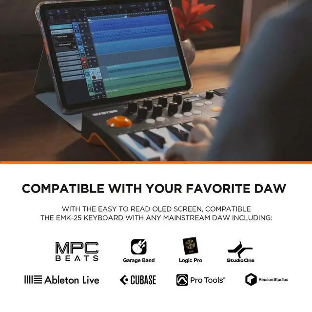 Alt view image 4 of 6 - 25 Keys MIDI Keyboard Controller Beat Maker Machine With Bluetooth | 9 Velocity-sensitive Drum Pads, OLED Display, Production Software Included for Beginners and Producers, Black