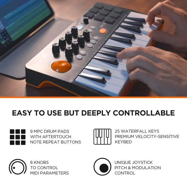 Alt view image 2 of 6 - 25 Keys MIDI Keyboard Controller Beat Maker Machine With Bluetooth | 9 Velocity-sensitive Drum Pads, OLED Display, Production Software Included for Beginners and Producers, Black