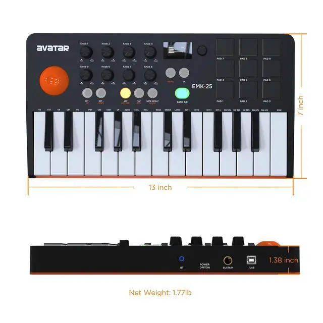 Alt view image 6 of 6 - 25 Keys MIDI Keyboard Controller Beat Maker Machine With Bluetooth | 9 Velocity-sensitive Drum Pads, OLED Display, Production Software Included for Beginners and Producers, Black