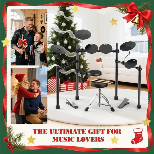 Alt view image 3 of 7 - Electric Drum Set for Beginners with 210 Sounds, 4 Quiet Drum Pads, 10'' Cymbals, Electronic Drum Kit with Headphones, 2 Pedals, Throne, Sticks, Gifts for Kids Adults (ADD15)