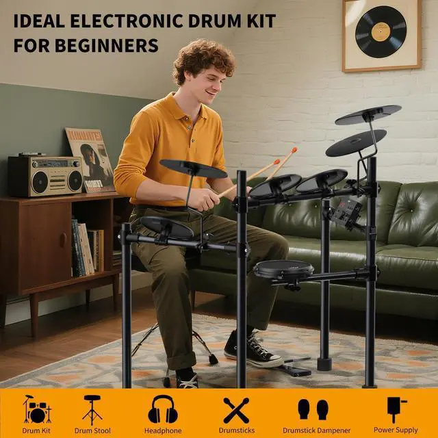 Alt view image 4 of 7 - Electric Drum Set for Beginners with 210 Sounds, 4 Quiet Drum Pads, 10'' Cymbals, Electronic Drum Kit with Headphones, 2 Pedals, Throne, Sticks, Gifts for Kids Adults (ADD15)