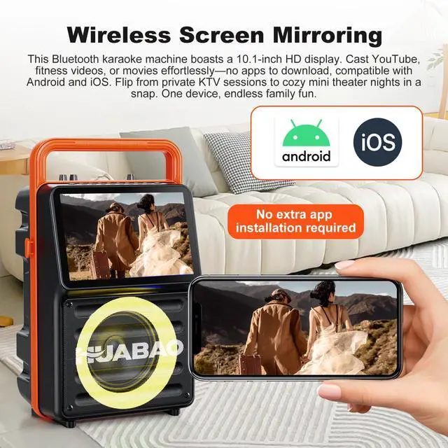 Alt view image 2 of 7 - Karaoke Machine with 10.1 Built-in Screen, Bluetooth Speaker with Lyrics Display, Wireless Screen Mirroring for iOS & Android, PA System with Lights, 2 Rechargeable Mics, 5400mAh, Perfect for Parties