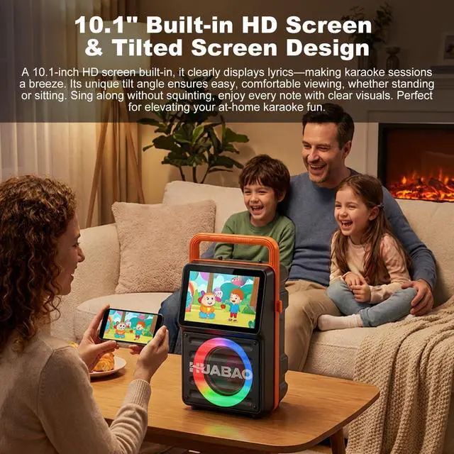 Alt view image 3 of 7 - Karaoke Machine with 10.1 Built-in Screen, Bluetooth Speaker with Lyrics Display, Wireless Screen Mirroring for iOS & Android, PA System with Lights, 2 Rechargeable Mics, 5400mAh, Perfect for Parties