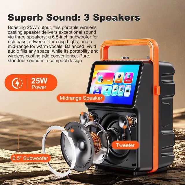 Alt view image 4 of 7 - Karaoke Machine with 10.1 Built-in Screen, Bluetooth Speaker with Lyrics Display, Wireless Screen Mirroring for iOS & Android, PA System with Lights, 2 Rechargeable Mics, 5400mAh, Perfect for Parties