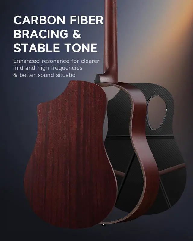 Alt view image 4 of 7 - Carbon Wood Acoustic Electric Guitar Bundle for Beginner Intermediate with Built-in Pickups, 38 Inch, RISING-G2 (Wine Red)