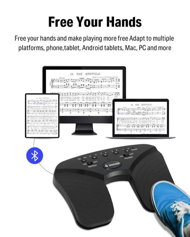 Alt view image 2 of 6 - Wireless Page Turner Pedal, Rechargeable Music Page Turner foot pedal for Tablets Phone, Black