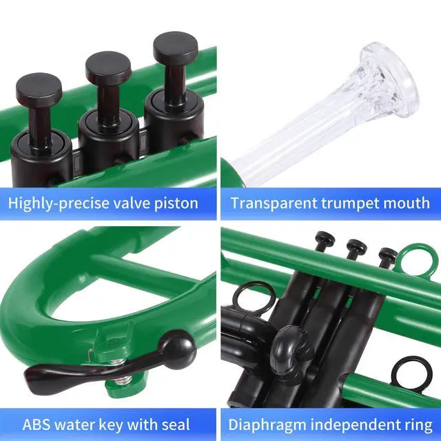 Alt view image 6 of 7 - Professional Plastic Bb Trumpet Set for Student Beginner With 7C and 3C Mouthpiece Green