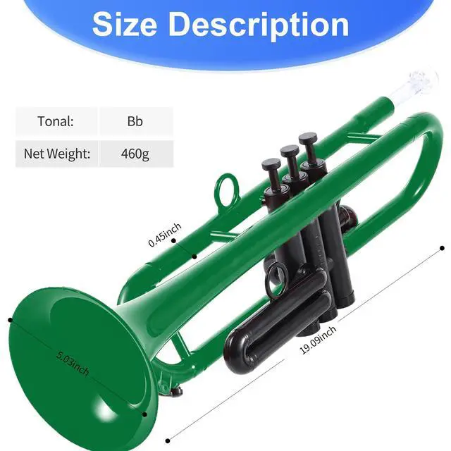 Alt view image 7 of 7 - Professional Plastic Bb Trumpet Set for Student Beginner With 7C and 3C Mouthpiece Green