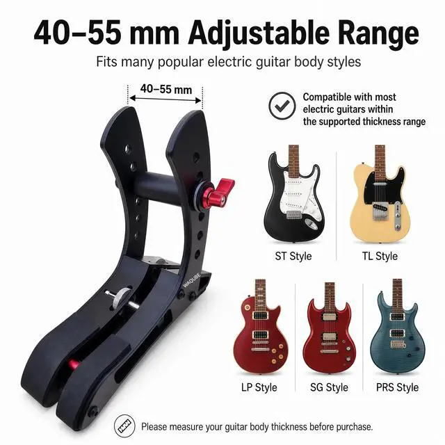 Alt view image 3 of 7 - Electric Guitar Leg Rest, Aluminum Adjustable Ergonomic Support | Tool-free height and width adjustment fits 40-55 mm guitars; silicone and EVA pads protect contact points during seated play